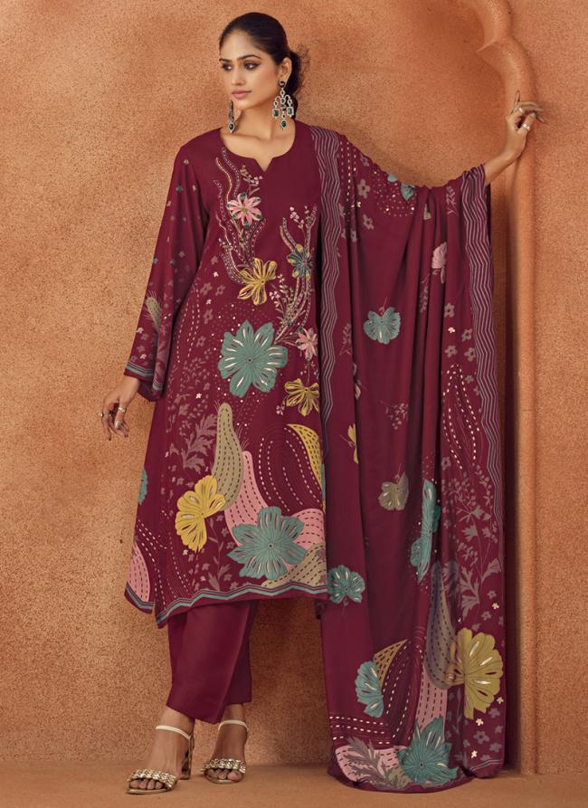 Pure Viscose Pashmina Maroon Festival Wear Printed Salwar Suit